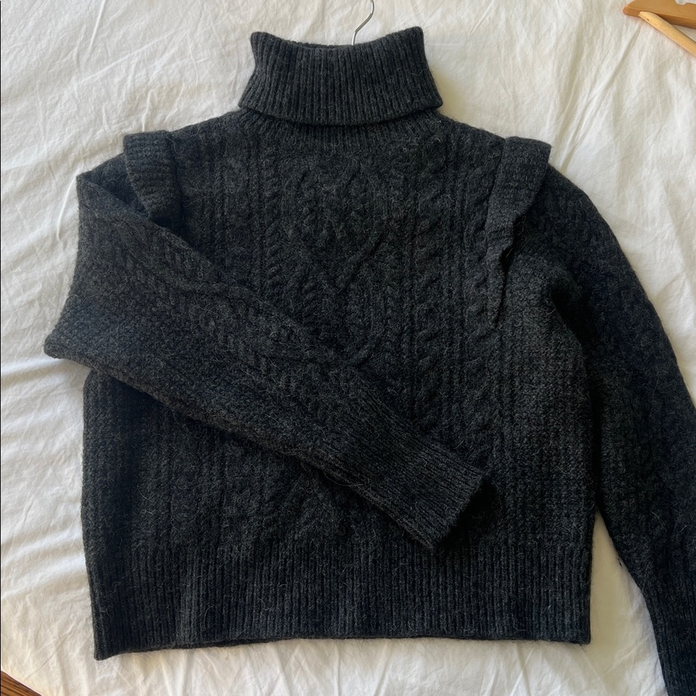360 Cashmere Dark Charcoal Grey Cable Knit Turtleneck Cropped Sweater